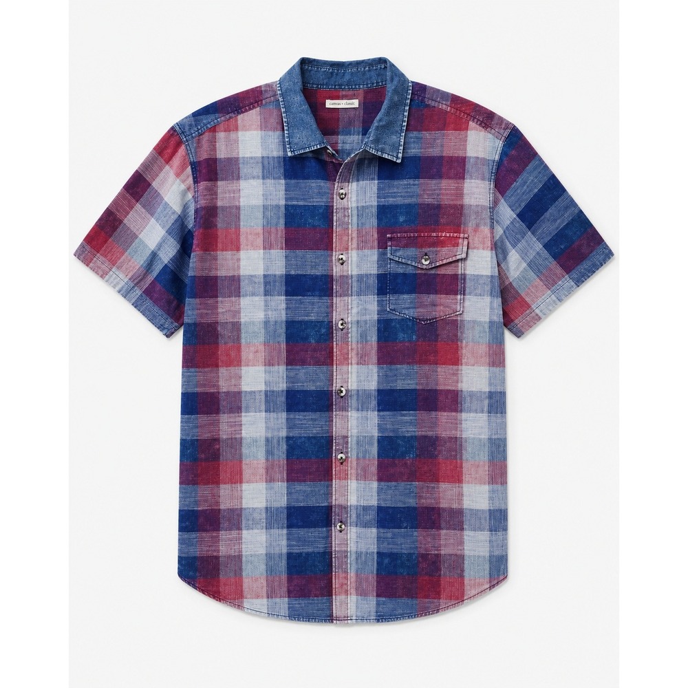 Carbon 2 Cobalt Mens XL Plaid Short Sleeve Button Down Shirt Red Blue Cotton